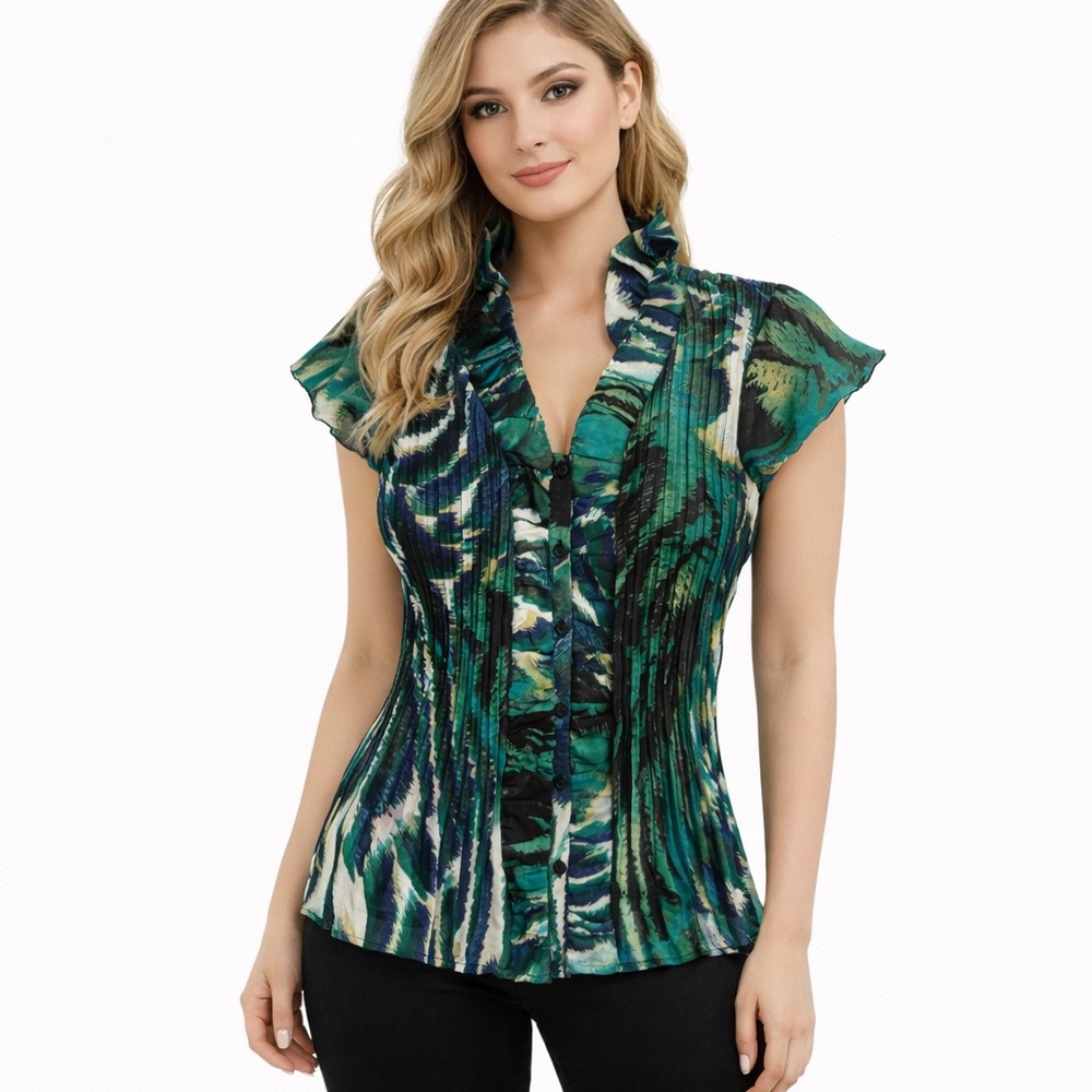 Zac & Rachel Petite Green Pleated Ruffle Button Front Blouse Size PXL